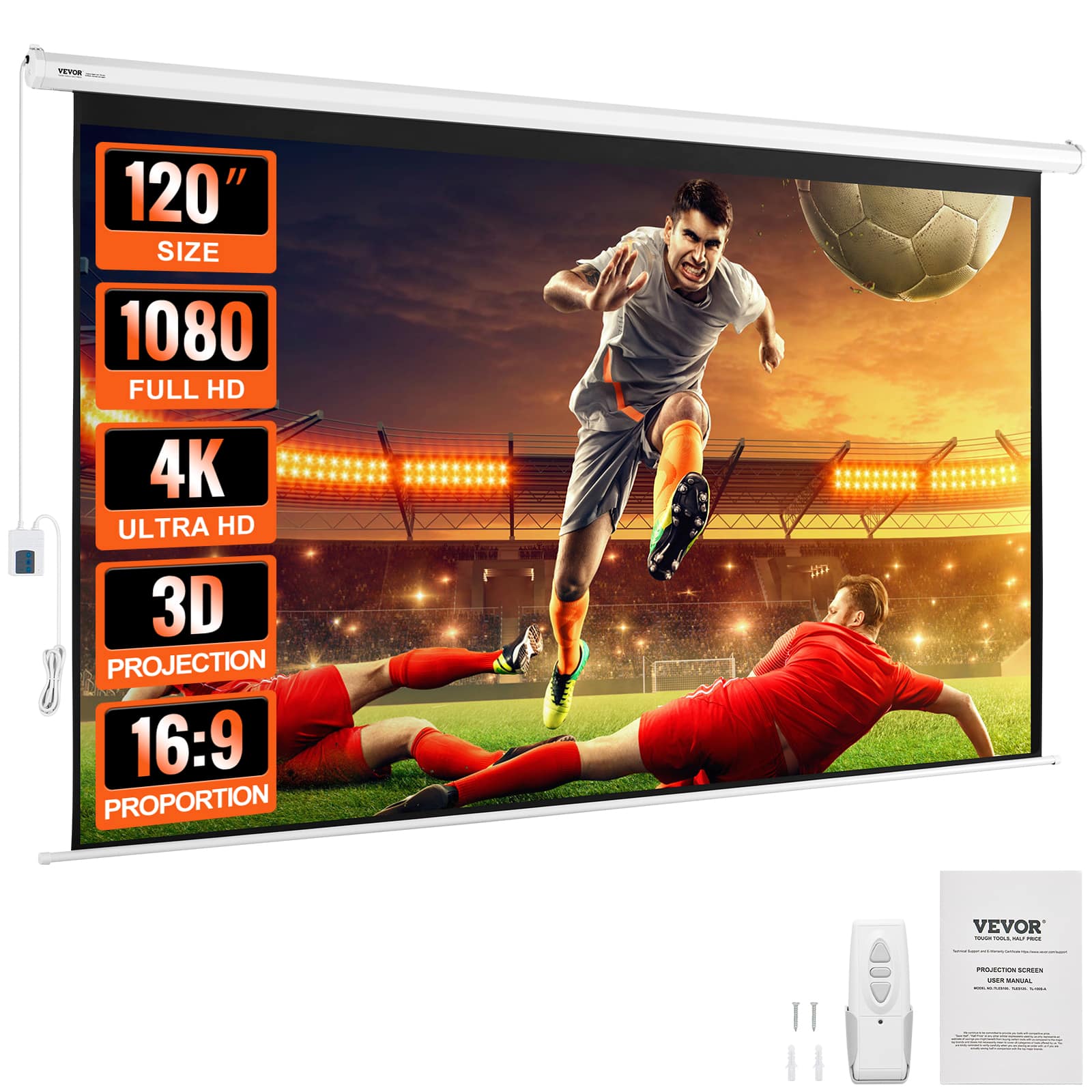 VEVOR Motorized Projector Screen, 120 inch 16:9 4K 1080 HD
