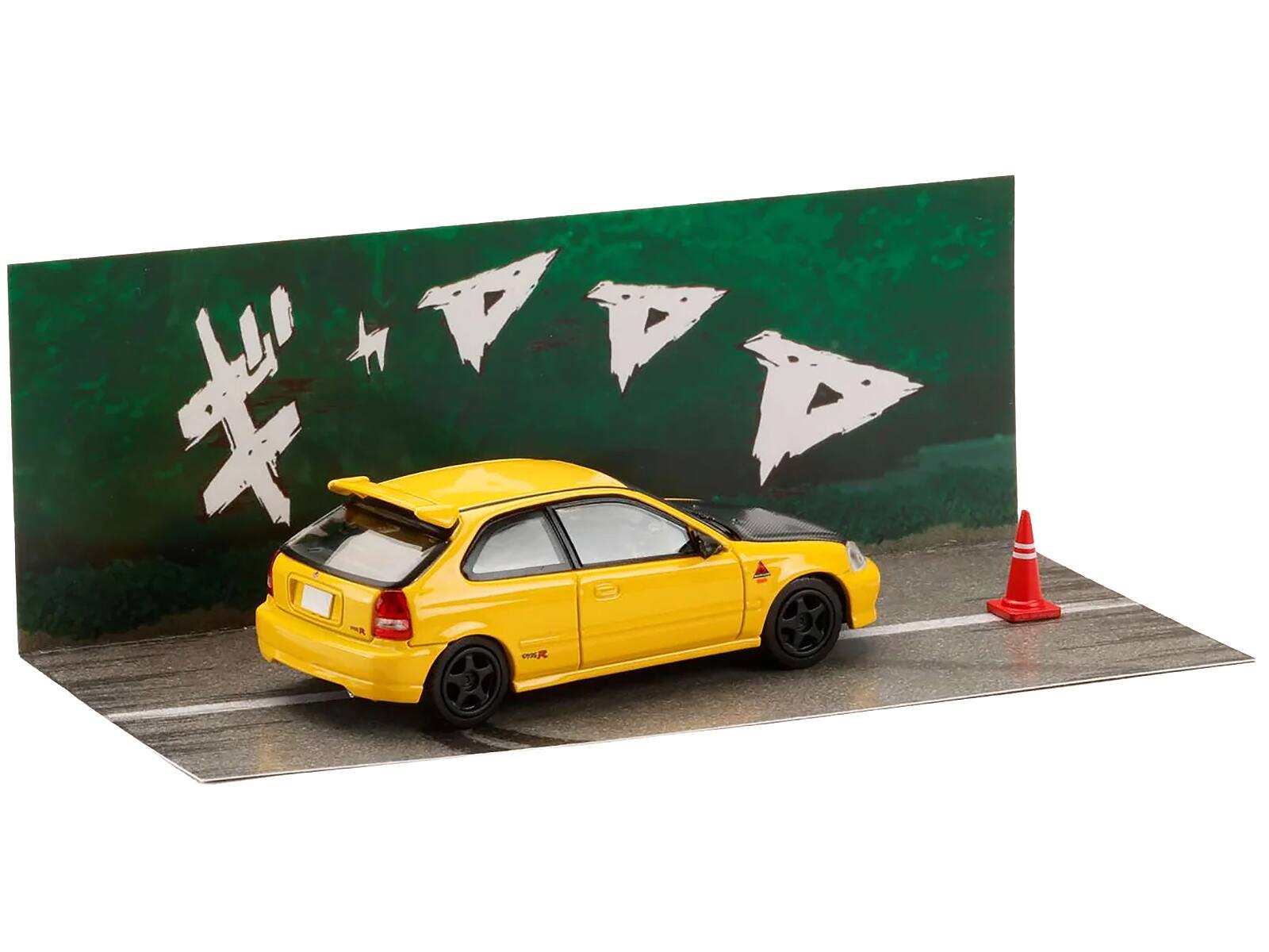 Alt View 4. Hobby Japan - Honda Civic (EK9) RHD Yellow with Carbon Hood "Initial D" (1995-2013) Manga 1/64 Diecast Model Car by Hobby Japan.