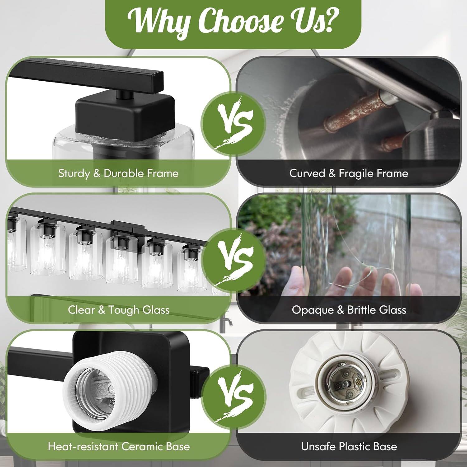 Why Choose Us?

- Sturdy & Durable Frame VS Curved & Fragile Frame
- Clear & Tough Glass VS Opaque & Brittle Glass
- Heat-resistant Ceramic Base VS Unsafe Plastic Base