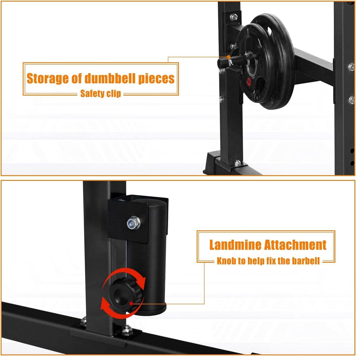 Storage of dumbbell pieces  
Safety clip  

Landmine Attachment  
Knob to help fix the barbell