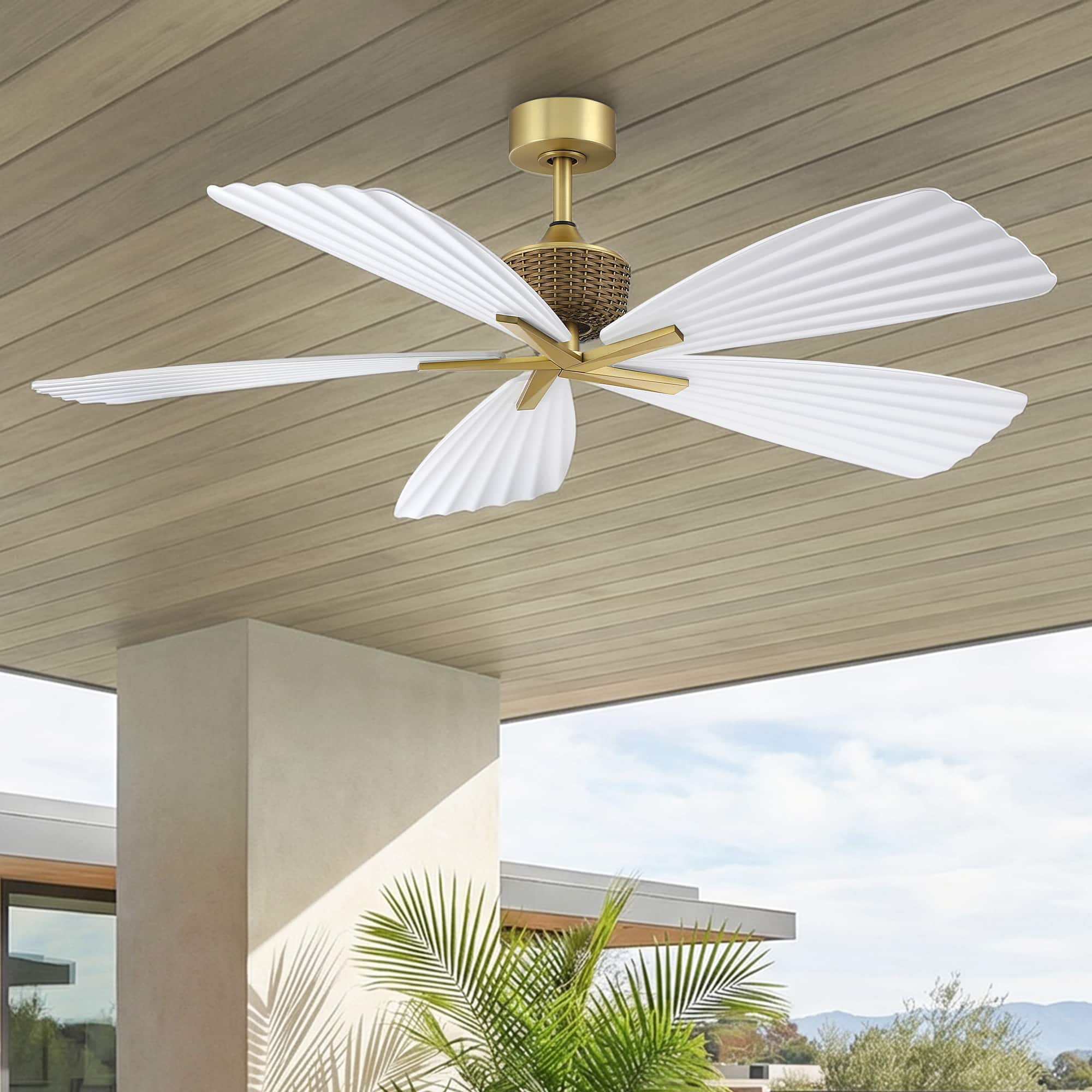 Parrot Uncle - 56" Tropical White Pleated Leaf 5-Blade Indoor Outdoor Ceiling Fan with Remote, No Light - Gold
