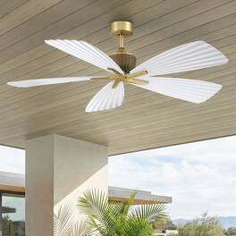 Parrot Uncle - 56" Tropical White Pleated Leaf 5-Blade Indoor Outdoor Ceiling Fan with Remote, No Light - Gold