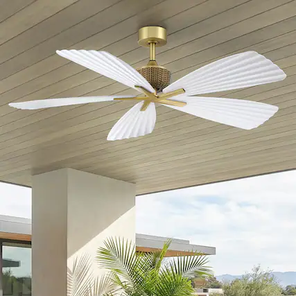 Front. Parrot Uncle - 56" Tropical White Pleated Leaf 5-Blade Indoor Outdoor Ceiling Fan with Remote, No Light - Gold.