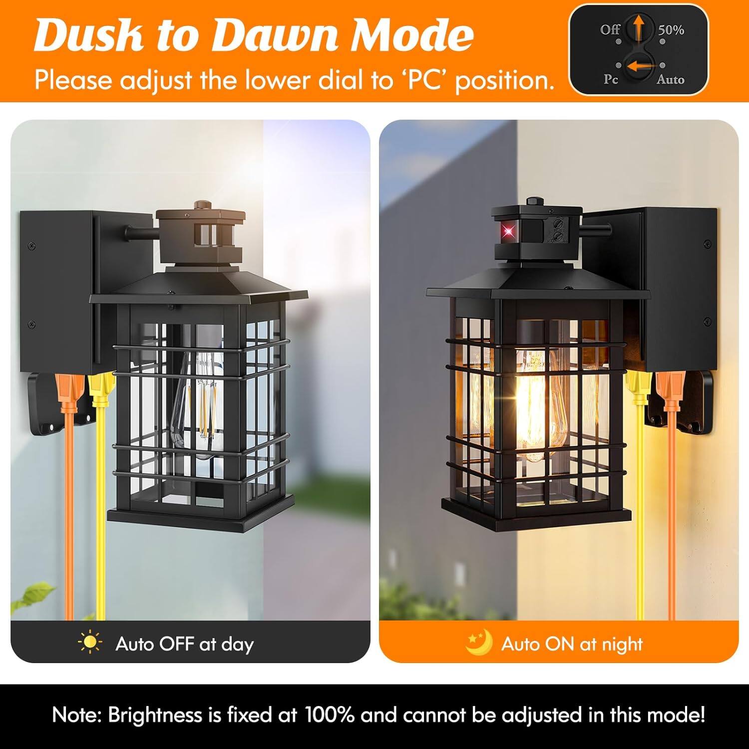 Dusk to Dawn Mode  
Please adjust the lower dial to 'PC' position.  

- Auto OFF at day  
- Auto ON at night  

Note: Brightness is fixed at 100% and cannot be adjusted in this mode!