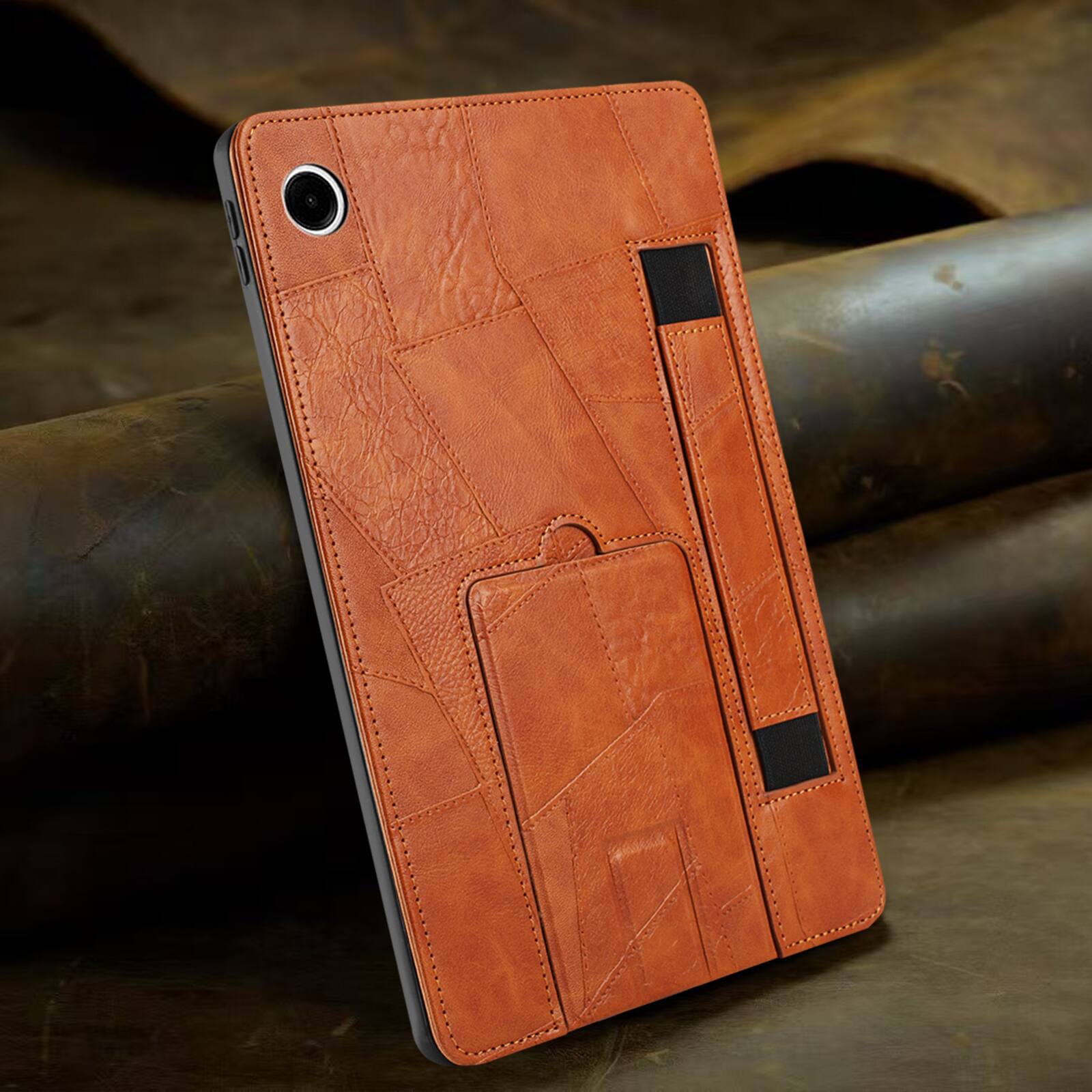 Left. Dteck - Leather Texture Case for Samsung Galaxy Tab A11+, Shockproof Cover with Multi-Angle Stand and Secure Hand Strap - Brown.