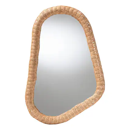 Front. bali & pari - Ulrica Natural Rattan Wall Mirror – Handwoven Wicker Irregular Shape Accent Mirror for Living Room, Bedroom, or Entryway - Honey.