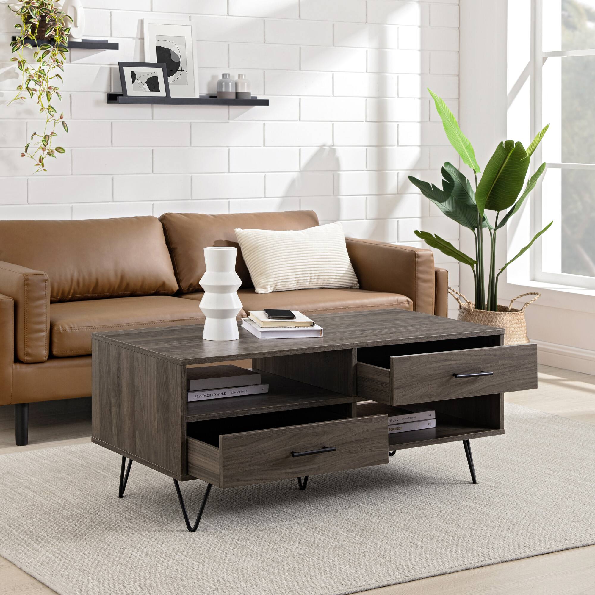 Alt View 16. Walker Edison - Contemporary Minimalist 2-Drawer Coffee Table - Slate Grey/Black.