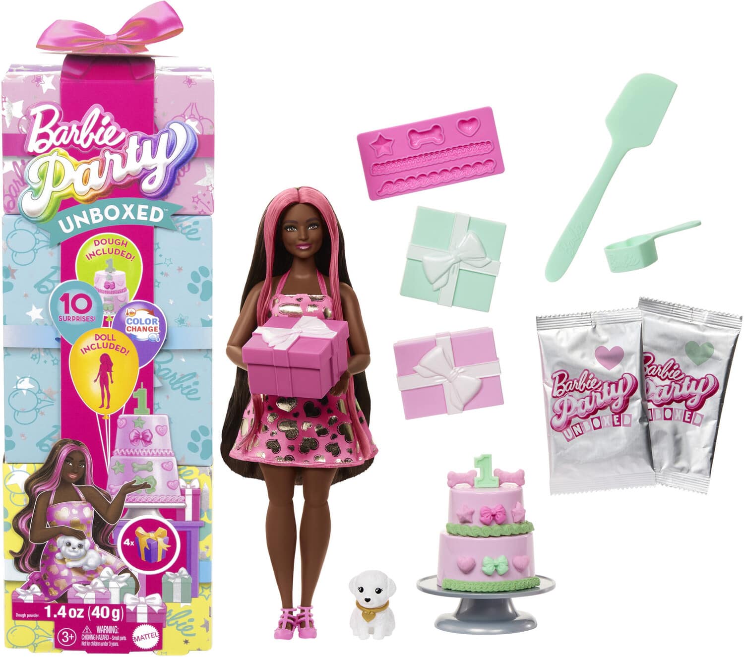 Barbie Party Unboxed Doll & Accessories, Pet Birthday Series, Shimmerin' Hearts Set - COLLECTABLES - Mattel