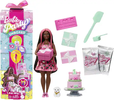 Barbie Party UNBOXED
DOUGH INCLUDED!
10 SURPRISES!
COLOR CHANGE DOLL INCLUDED!
4x 1.4 oz (40g)
WARNING: CHOKING HAZARD - Small parts. Not for children under 3 years.
MATTEL