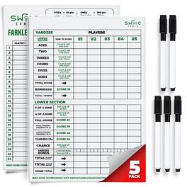 Swooc Games - 5 Big Dry Erase Yardzee & Farkle Score Cards with 5 Markers (11.5in x 8in) - Large Laminated Reusable Score Pads & Pens - White