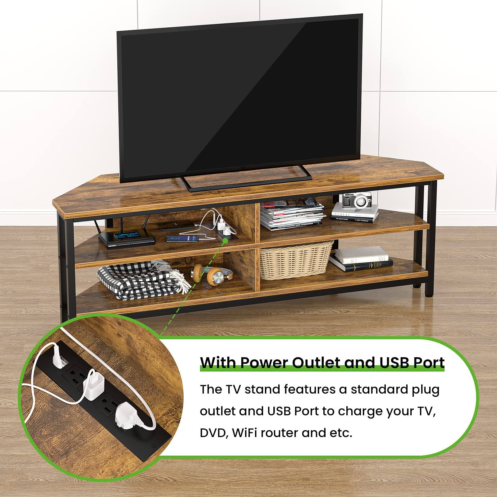 With Power Outlet and USB Port

The TV stand features a standard plug outlet and USB Port to charge your TV, DVD, WiFi router and etc.