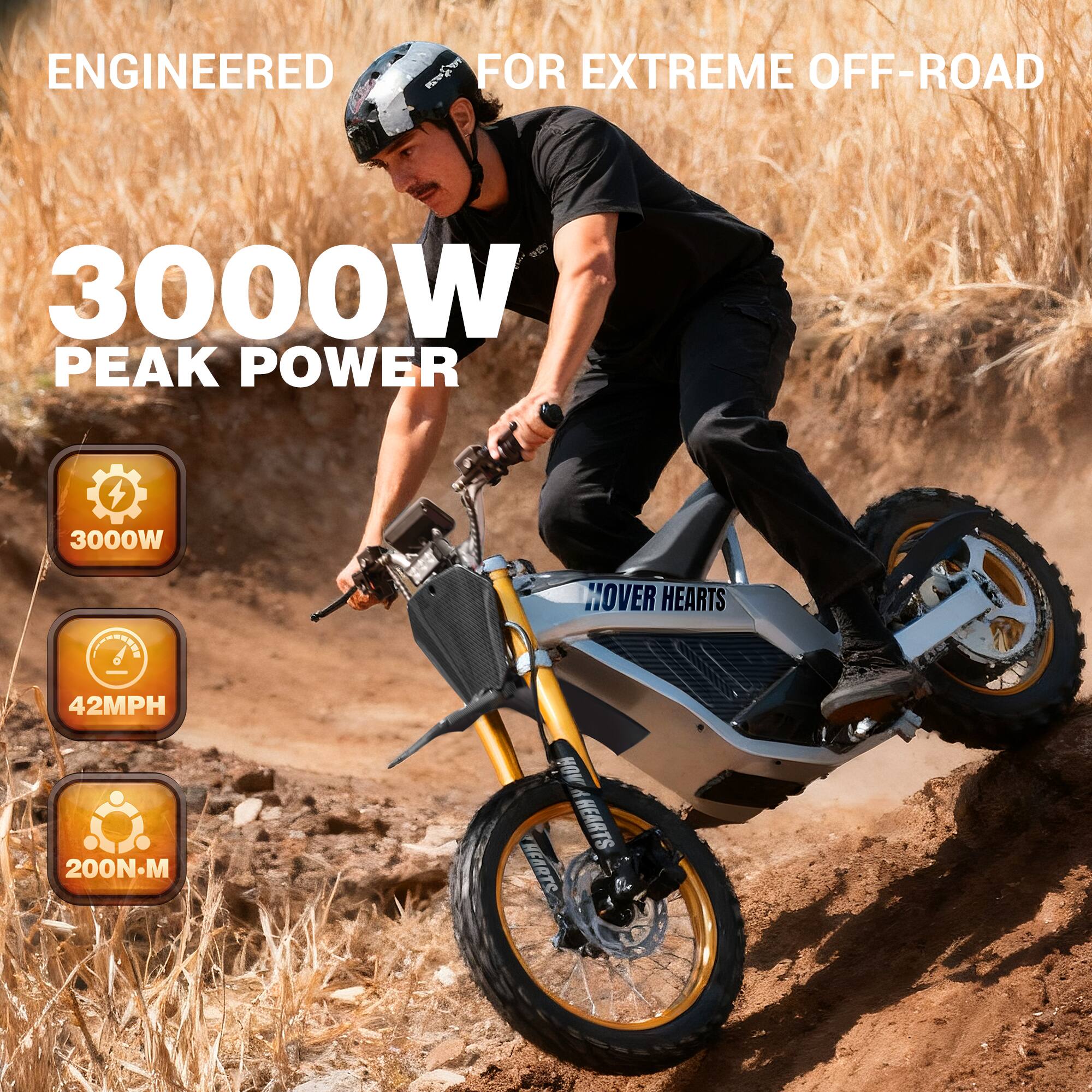 ENGINEERED FOR EXTREME OFF-ROAD  
3000W PEAK POWER  
3000W  
42MPH  
200N-M  
HOVER HEARTS