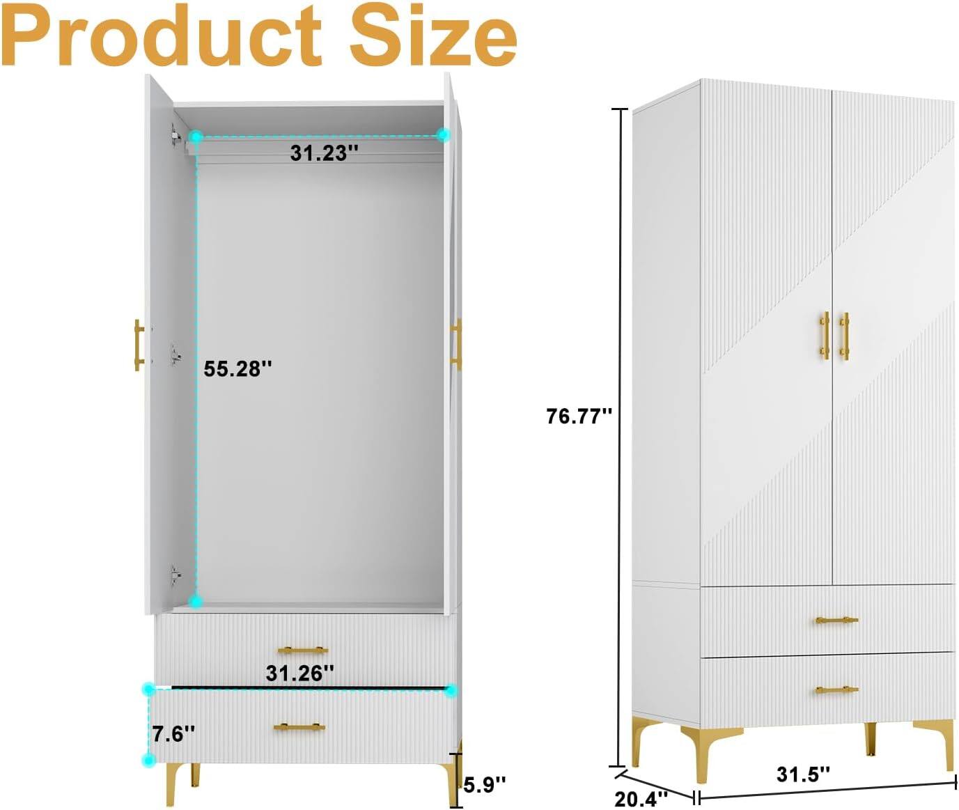 Product Size: 31.23", 55.28", 76.77", 31.26", 7.6", 5.9", 20.4", 31.5"
