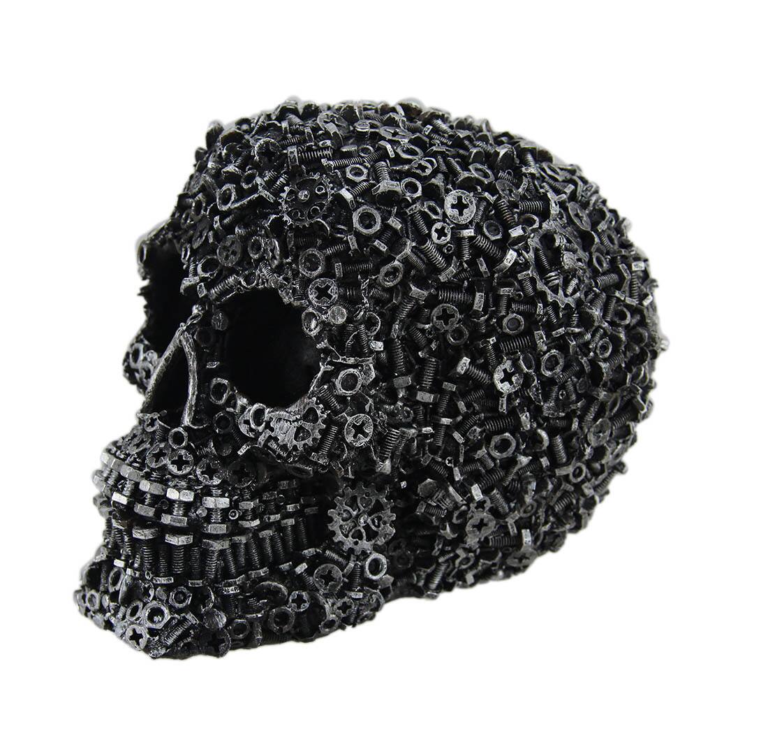 Alt View 1. Zeckos - Scrap Head Steampunk Junk Pile Nuts & Bolts Covered Skull Statue 6 inch - Silver.