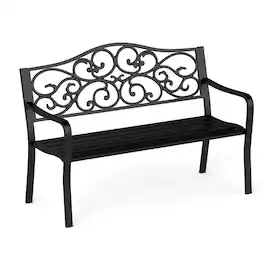 Costway - 50" Porch Bench with Ergonomic Backrest & Armrests Floral Patterns Curved - Black