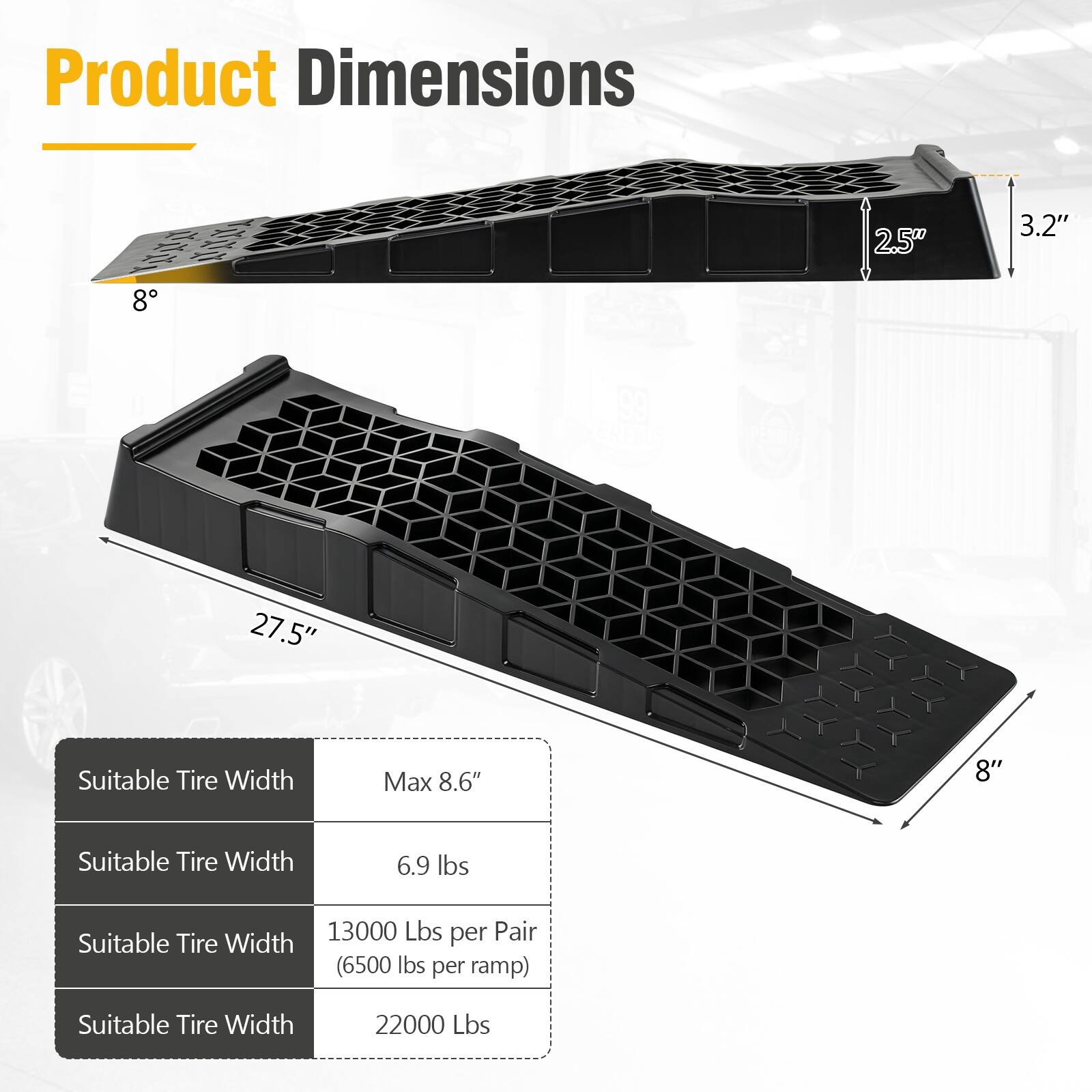 Product Dimensions
- 2.5"
- 3.2"
- 8"
- 27.5"

Suitable Tire Width
- Max 8.6"
- 8"
- 6.9 lbs
- 13000 Lbs per Pair (6500 lbs per ramp)
- 22000 Lbs