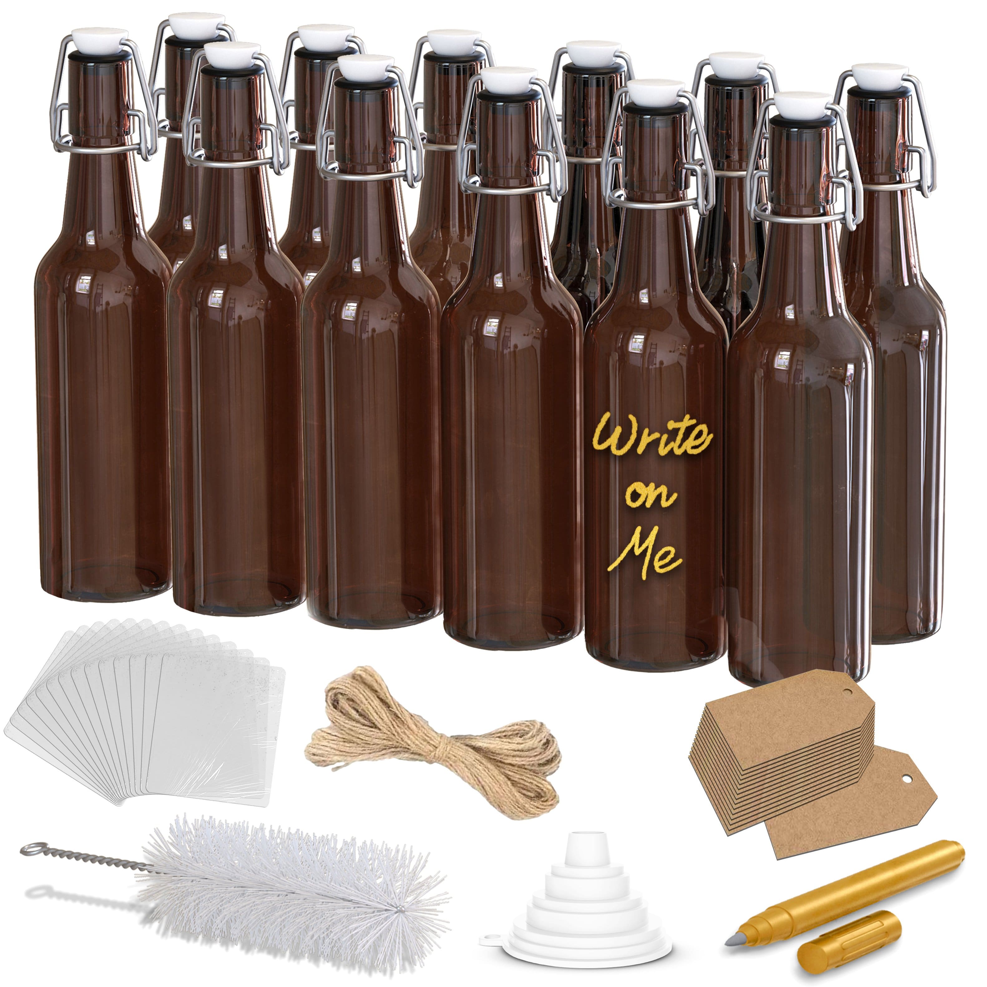 Nevlers - 16 Oz. Swing Top Amber Glass Beer Bottles with Bottle Brush, Funnel, Shrink Wrap, Paper Tags and Marker (Set of 12) - Clear