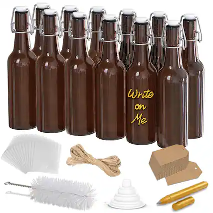 Front. Nevlers - 16 Oz. Swing Top Amber Glass Beer Bottles with Bottle Brush, Funnel, Shrink Wrap, Paper Tags and Marker (Set of 12) - Clear.