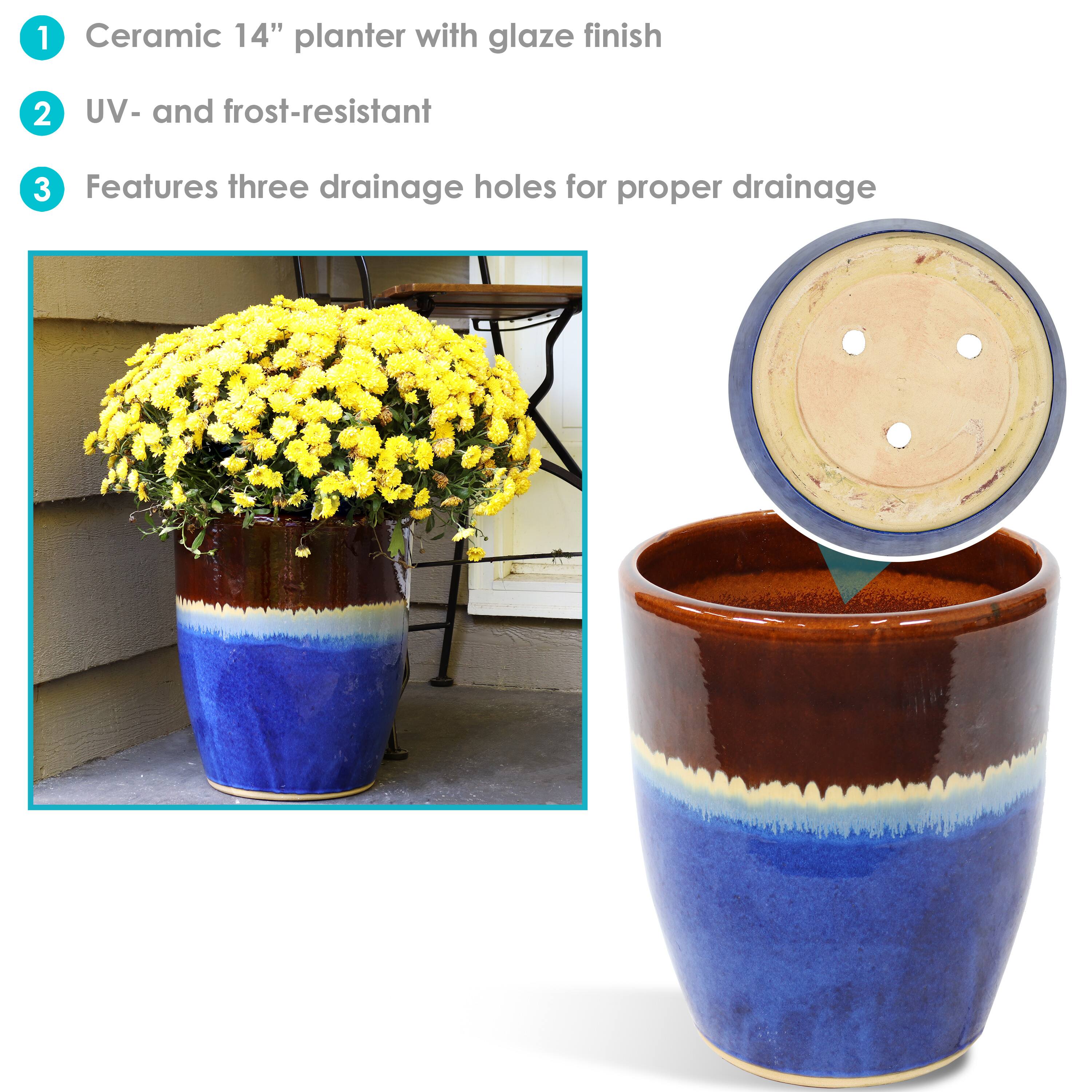 1. Ceramic 14" planter with glaze finish
2. UV- and frost-resistant
3. Features three drainage holes for proper drainage