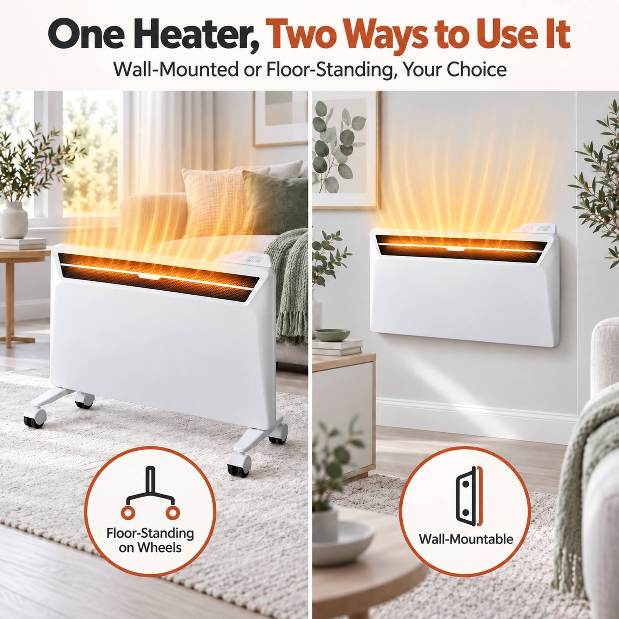 One Heater, Two Ways to Use It  
Wall-Mounted or Floor-Standing, Your Choice

36:00  
68

Floor-Standing on Wheels  
Wall-Mountable