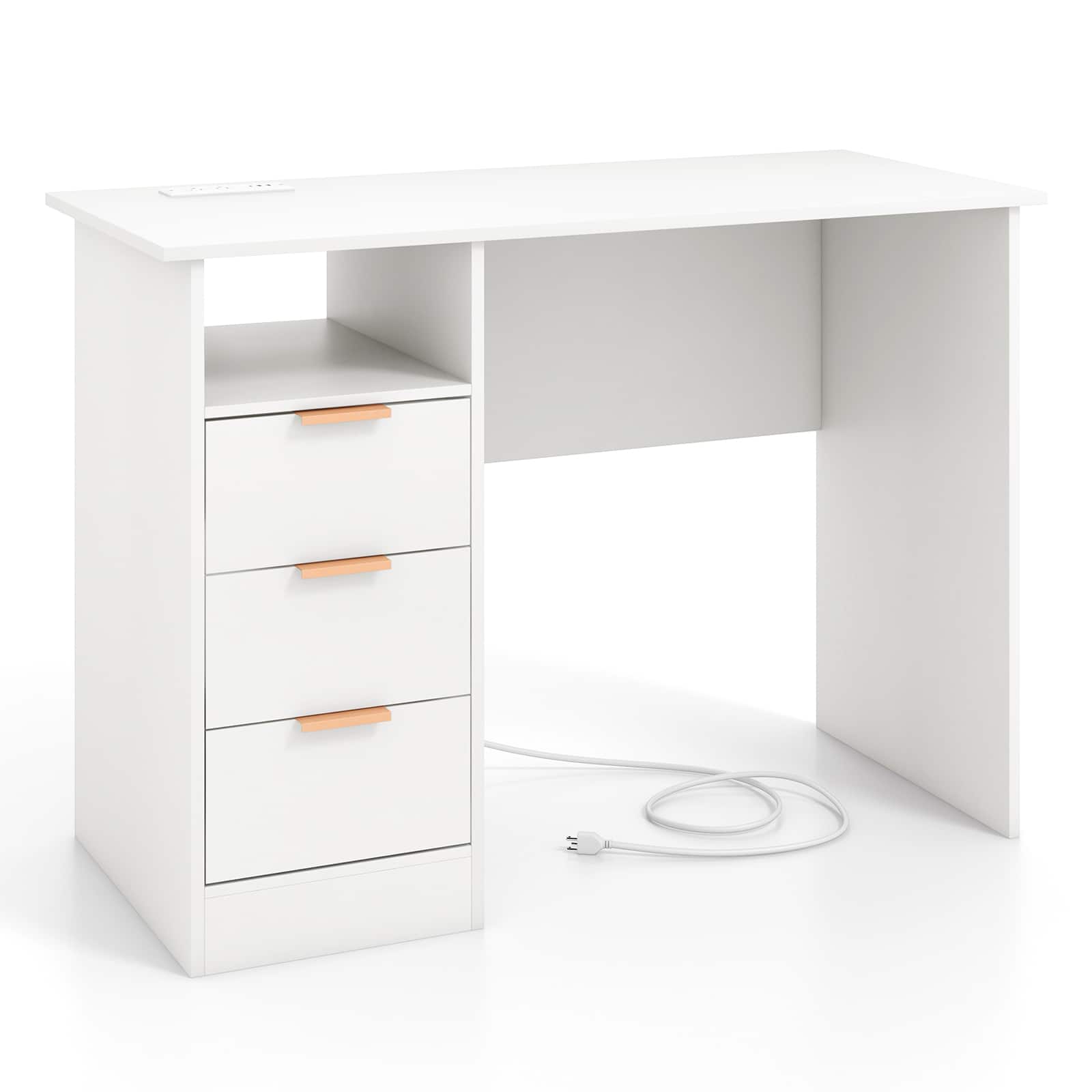 Ecooso - Home Office Desk with Power Outlet, 3 Drawers and Open Storage Compartment for Study Room - White