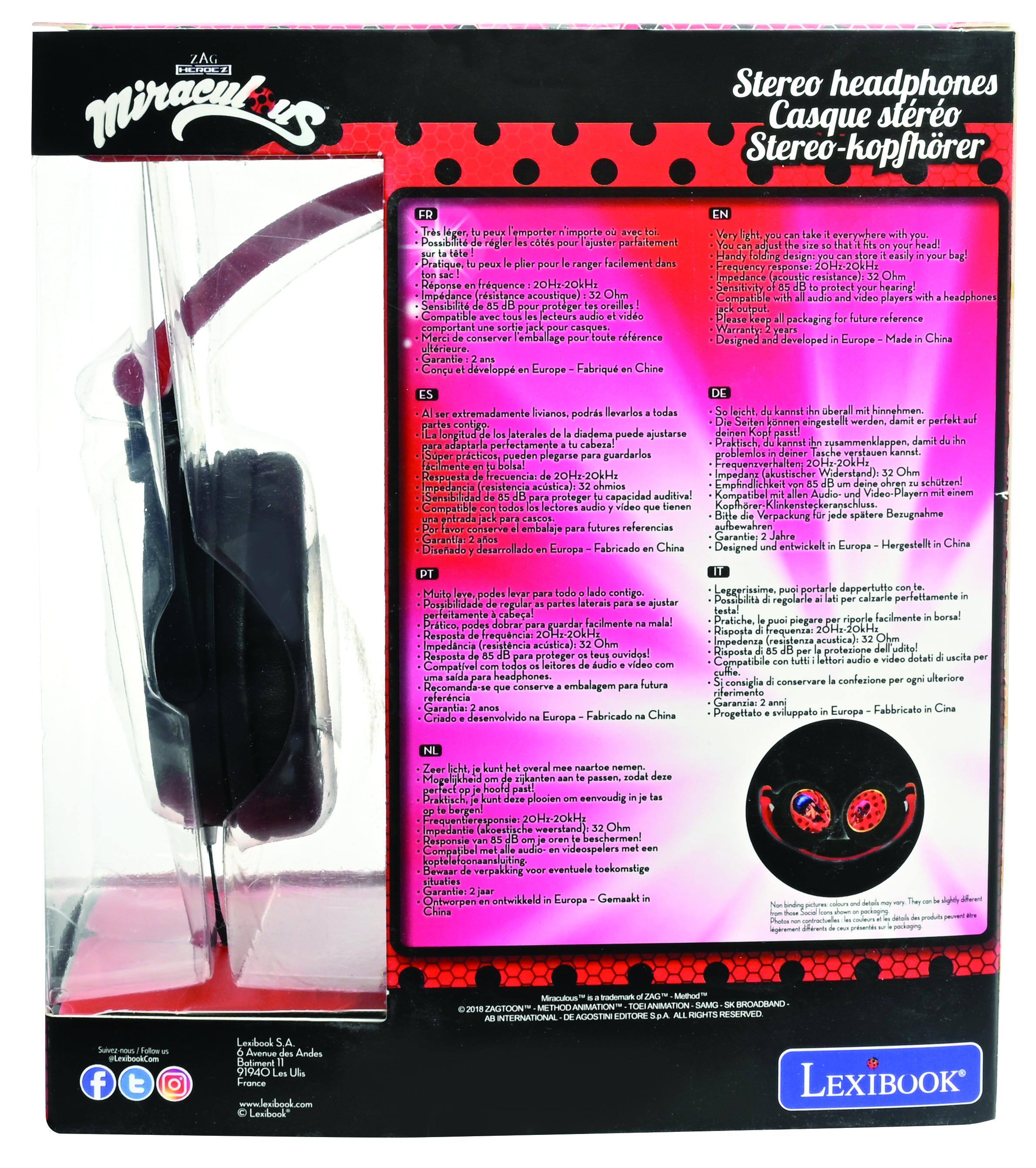 ZAG Stereo headphones  
Casque stéréo  
Stereo-kopfhörer  

Transporter n'importe où  
Possibilité de ranger facilement dans un sac  
Pratique, peut être plié pour le transport  
Réponse fréquence 20Hz-20kHz  
Impédance (résistance acoustique) : 32 Ohms  
Sensibilité : 95 dB  
Compatible avec tous les lecteurs audio et vidéo  
Conserver dans l'emballage pour toute référence  
Garantie : 2 ans  
Conçu et développé en Europe - Fabriqué en Chine  

Very light, you can take it everywhere with you.  
Frequency response: 20Hz-20kHz  
Impedance (acoustic resistance): 32 Ohms  
Sensitivity: 95 dB  
Compatible with all audio and video players with headphones output  
Designed and developed in Europe - Made in China  

Soleil, pluie, neige, poussière, poussière, vent, etc.  
Pratique, peut être plié pour le transport  
Réponse fréquence 20Hz-20kHz  
Impédance (rés