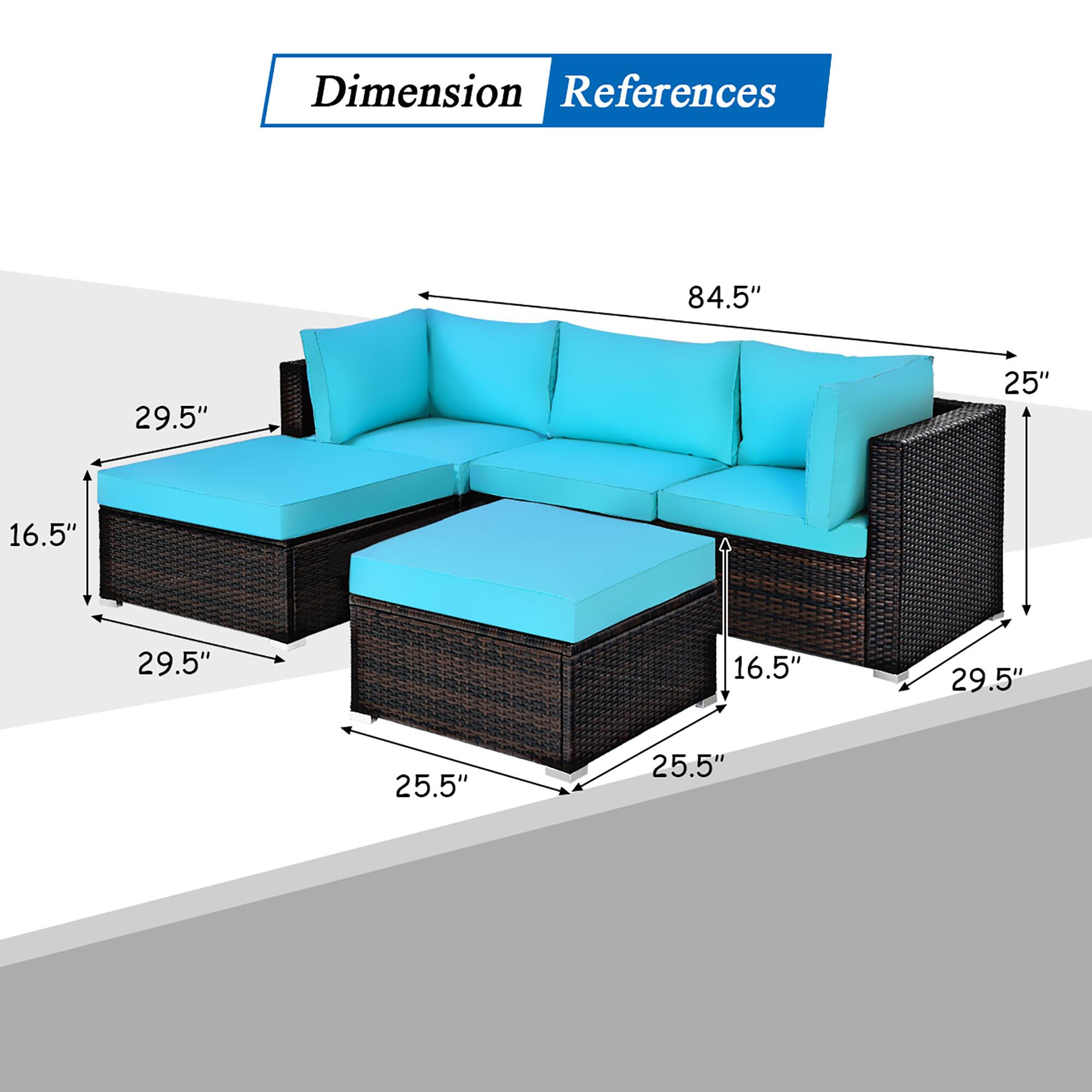 Dimension: 84.5", 29.5", 25", 16.5", 25.5"

References: 29.5", 16.5", 25.5"