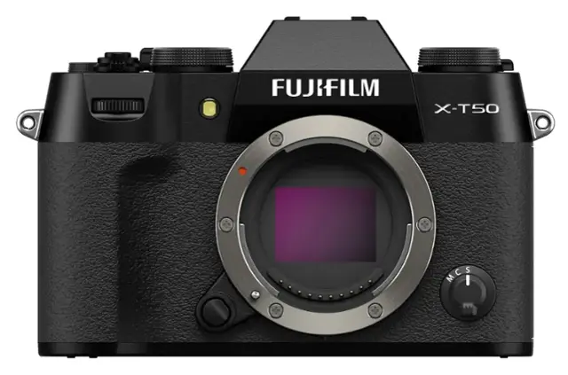 The image features a FUJIFILM X-T50 camera, which is a digital camera. The camera has a large lens and is displayed in a close-up view. The focus is on the camera's lens, showcasing its details. The camera is positioned in a way that highlights its features and design.