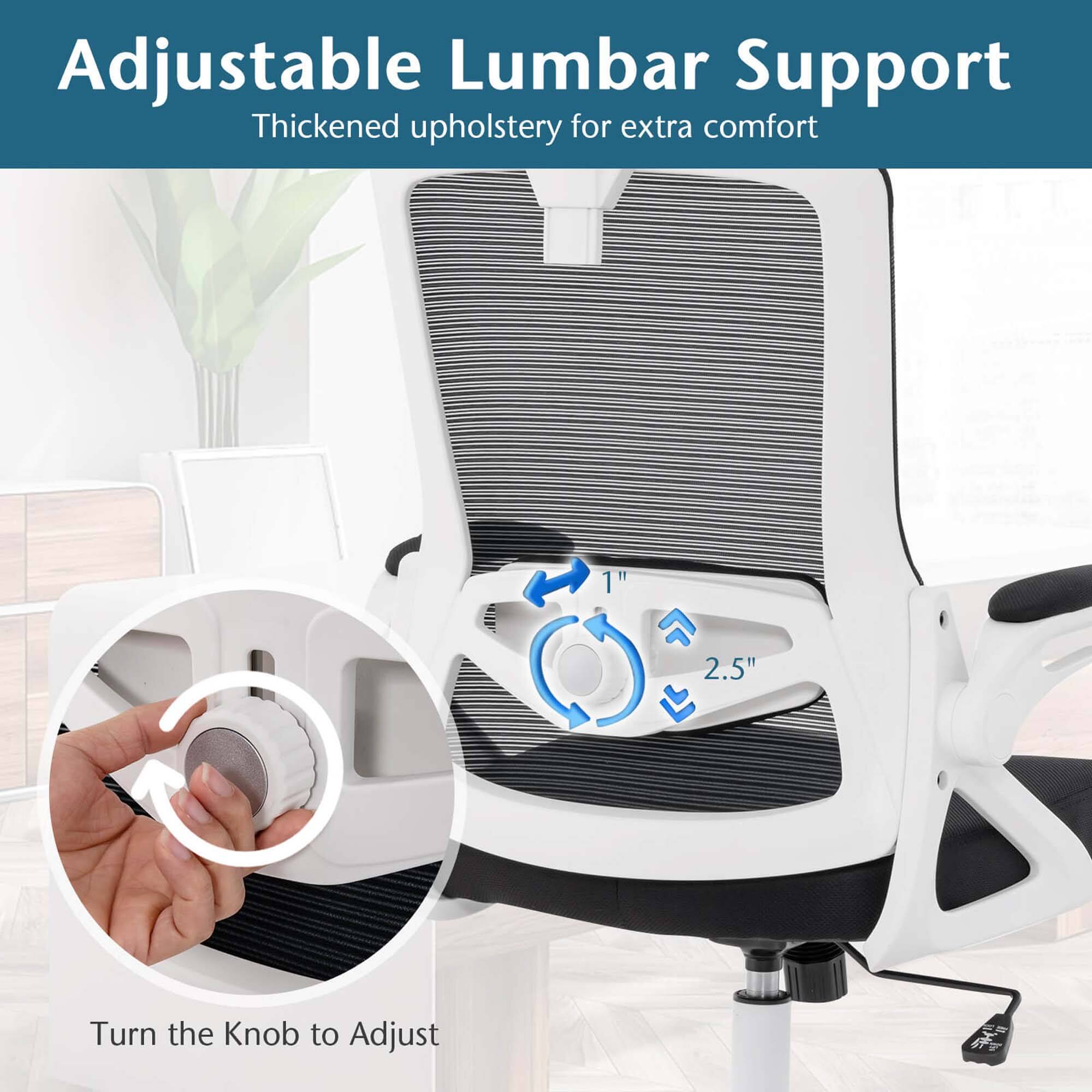 Adjustable Lumbar Support: Thickened upholstery for extra comfort. Turn the knob to adjust.
