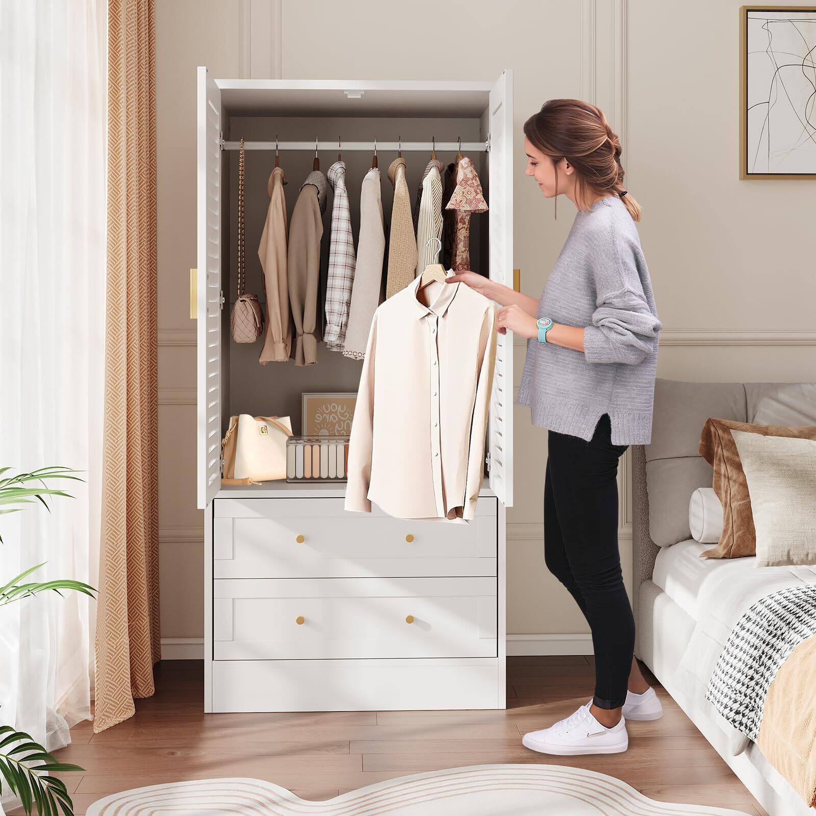 Alt View 1. GARVEE - Wooden Armoire Wardrobe Closet - 2 Doors & 2 Drawers Shelves, Aluminum Hanging Rod Adjustable Shelving White - White.
