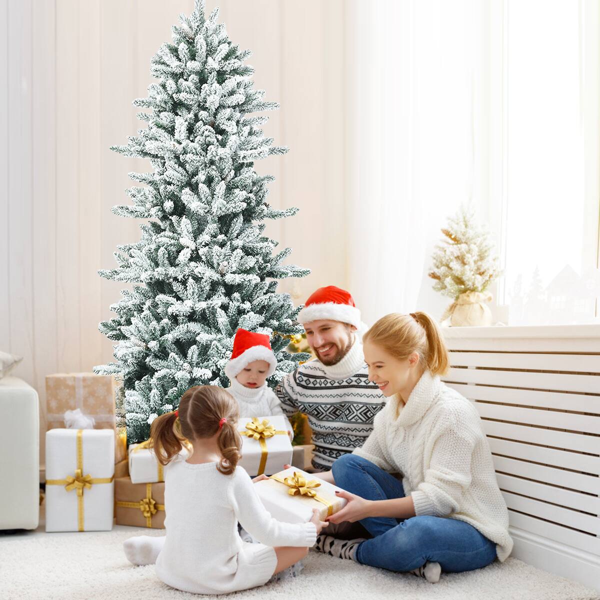 Alt View 5. Costway - 7Ft Premium Hinged Snow Flocked Slim Artificial Christmas Fir Tree w/ Pine Cones - Green/White.