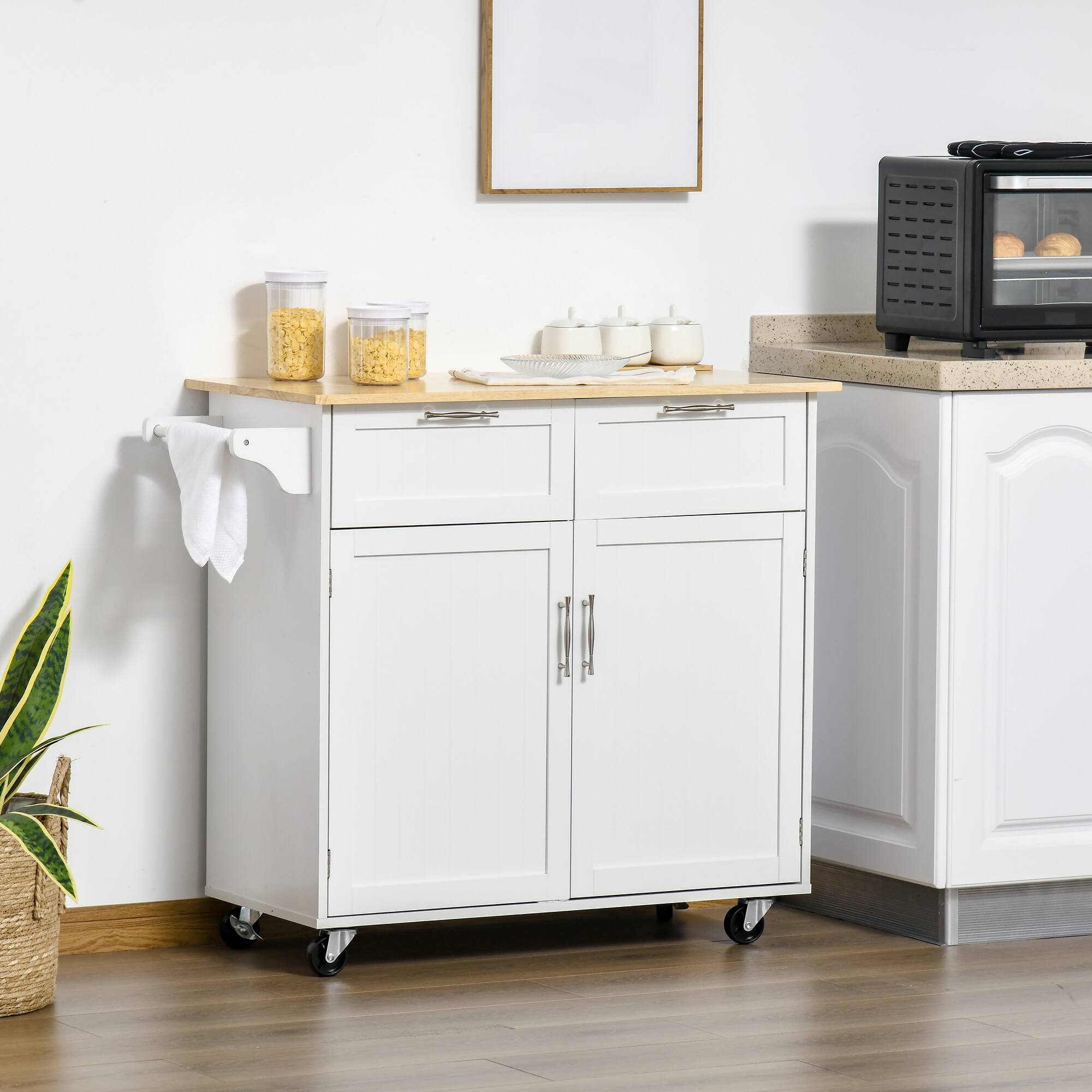 Alt View 1. Homcom - 41" Modern Rolling Kitchen Island on Wheels, Utility Cart Storage Trolley with Rubberwood Top & Drawers - White.