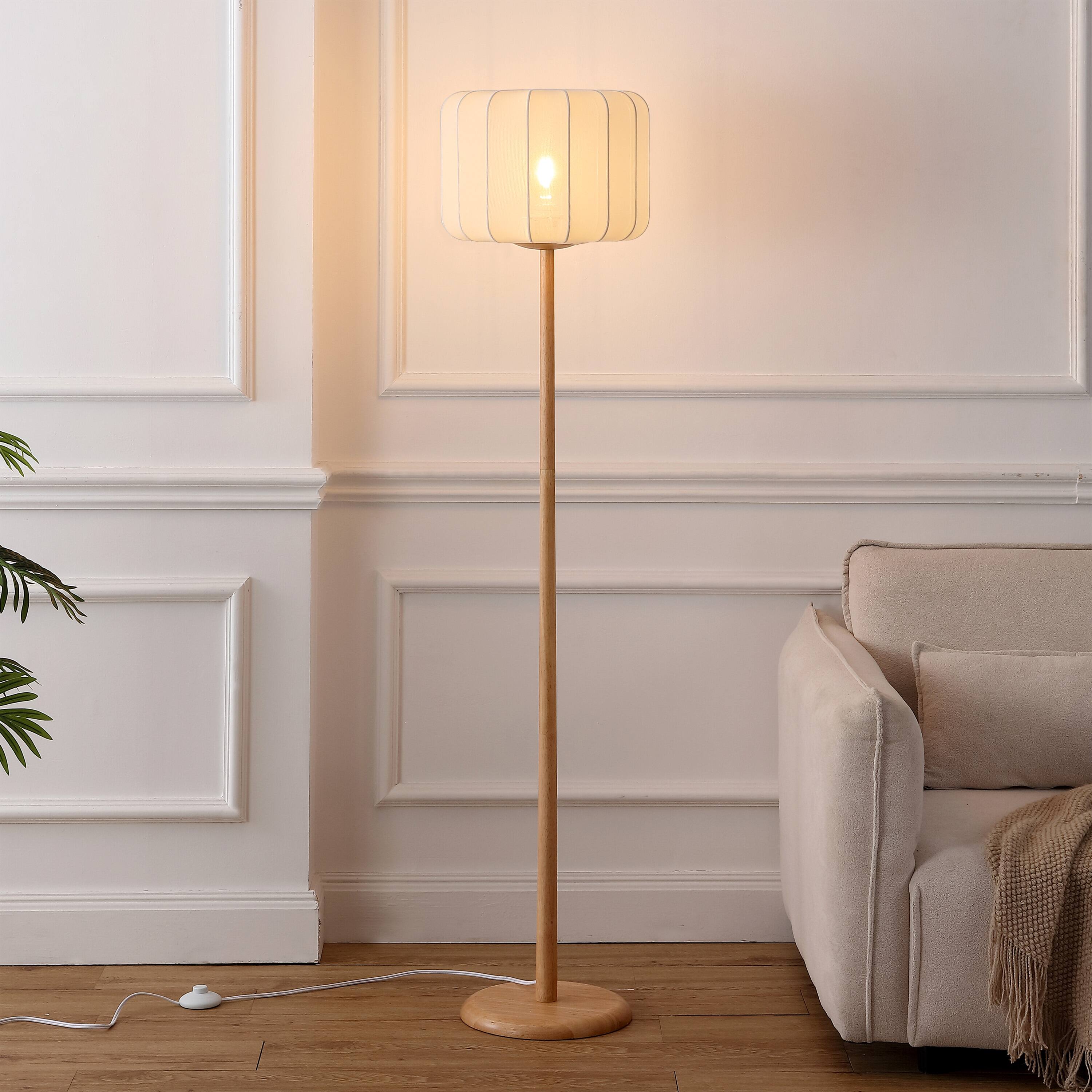 Alt View 1. Jonathan Y - Maryna 59.5 in. Minimalist Modern Teahouse Wood with Ribbed Cocoon Pumpkin Shade LED Floor Lamp, Beige/Light Brown - Light Brown Wood.