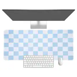 Unique Bargains - Checkered Desk Mat, 27.6x11.8 Inch Mouse Pad, Non-Slip Rubber, Stitched Edges, Soft, for Computer/Laptop - Blue/White