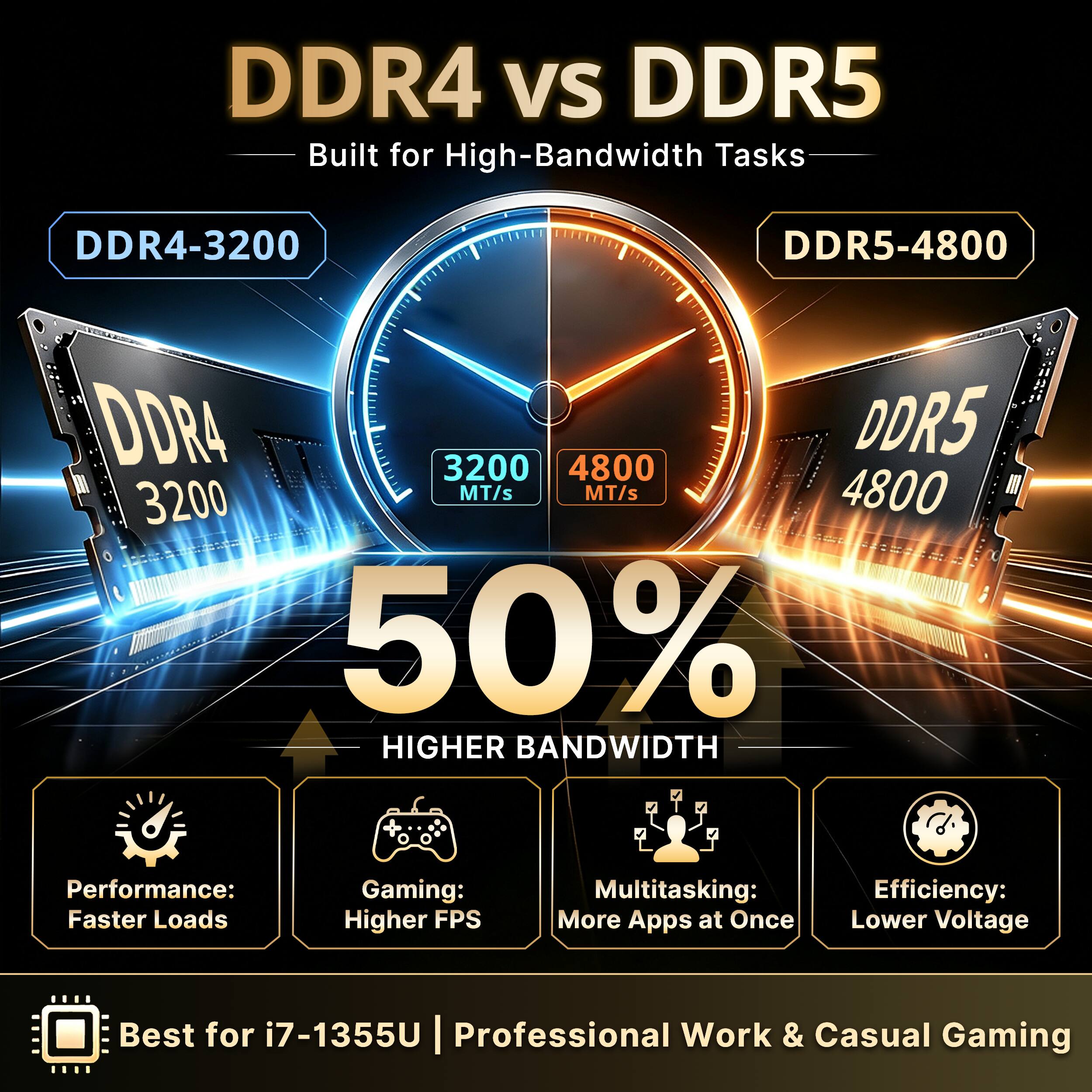 DDR4 vs DDR5  
Built for High-Bandwidth Tasks

DDR4-3200  
DDR5-4800  
DDR4 DDR5 3200 4800 3200 MT/s MT/s 4800  
50% HIGHER BANDWIDTH

Performance: Faster Loads  
Gaming: Higher FPS  
Multitasking: More Apps at Once  
Efficiency: Lower Voltage

Best for i7-1355U | Professional Work & Casual Gaming