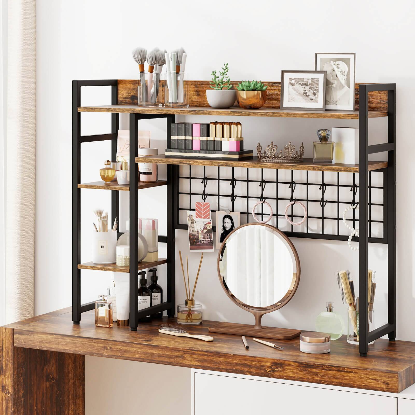 Alt View 4. Costway - Costway Desk Shelf 4-Tier Desktop Display Rack with Metal Grid Panel & 6 Hooks Brown - Rustic Brown + Black.