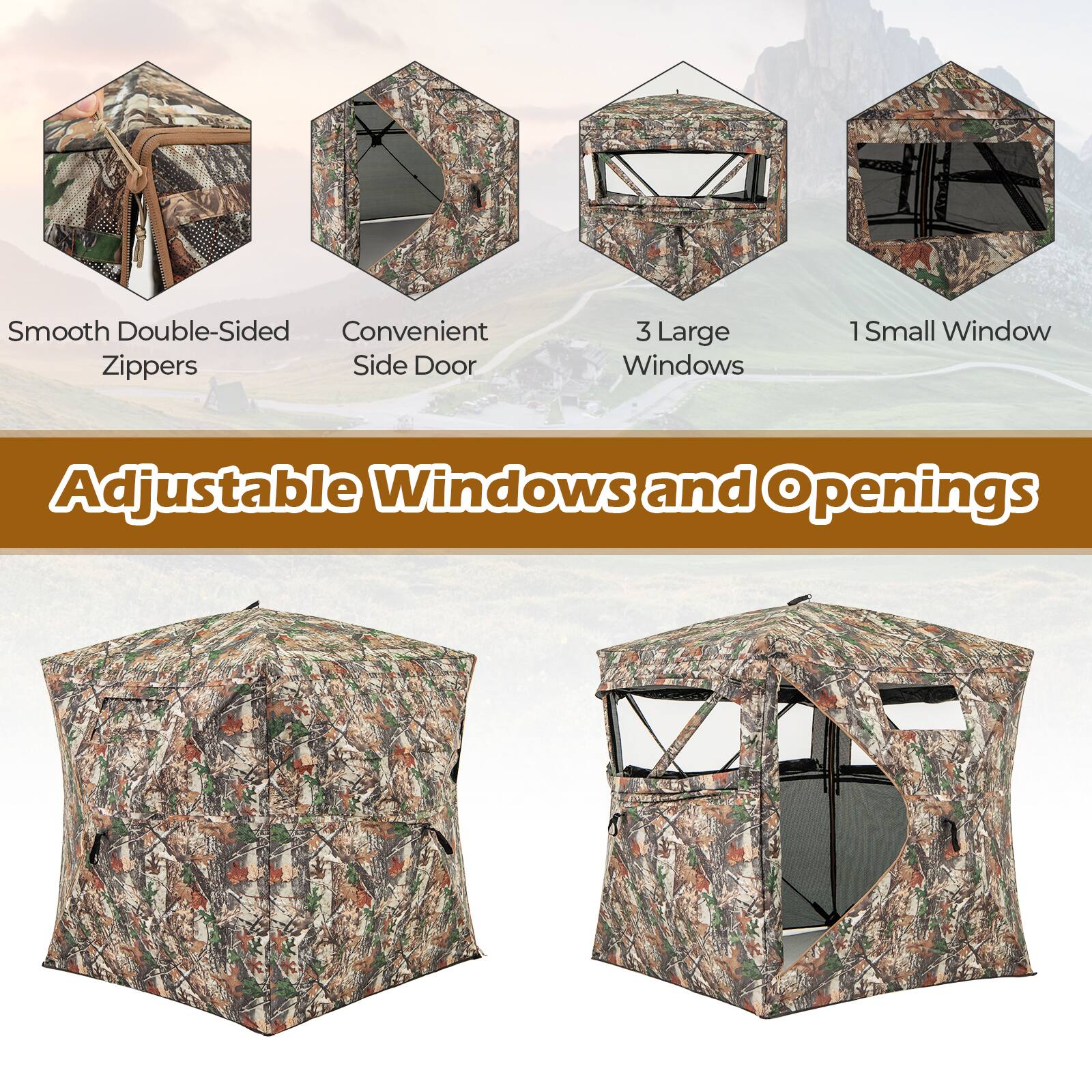 Smooth Double-Sided Zippers  
Convenient Side Door  
3 Large Windows  
1 Small Window  
Adjustable Windows and Openings