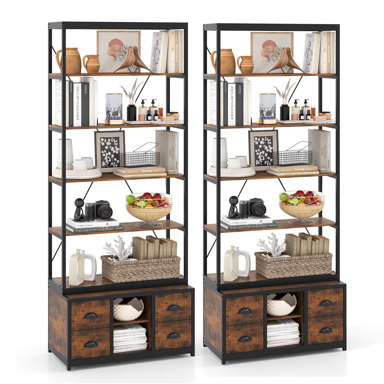 Gymax - 2PCS 8-tier Bookshelf 79'' Freestanding Bookcase w/ 4 Fabric Drawers & Storage - Rustic Brown