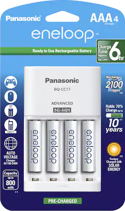 Front. Panasonic - eneloop Charger and 4 AAA Batteries Kit - White.