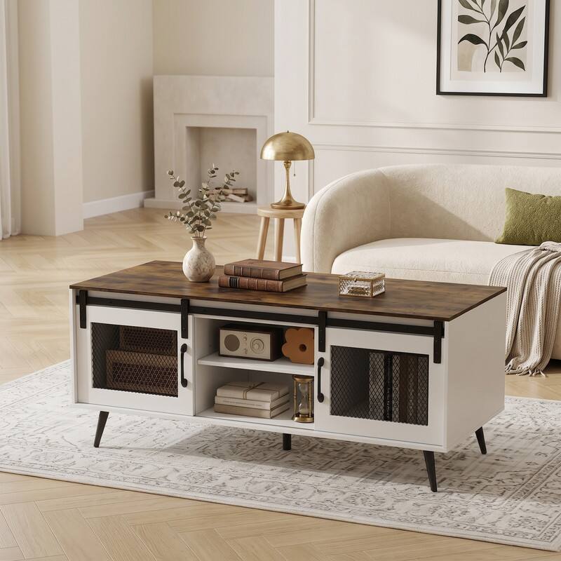 Angle. WELLFOR - 48" Farmhouse Coffee Table with Sliding Doors , Rectangle Wood Living Room Center Table with Adjustable Shelf - Rustic Brown.