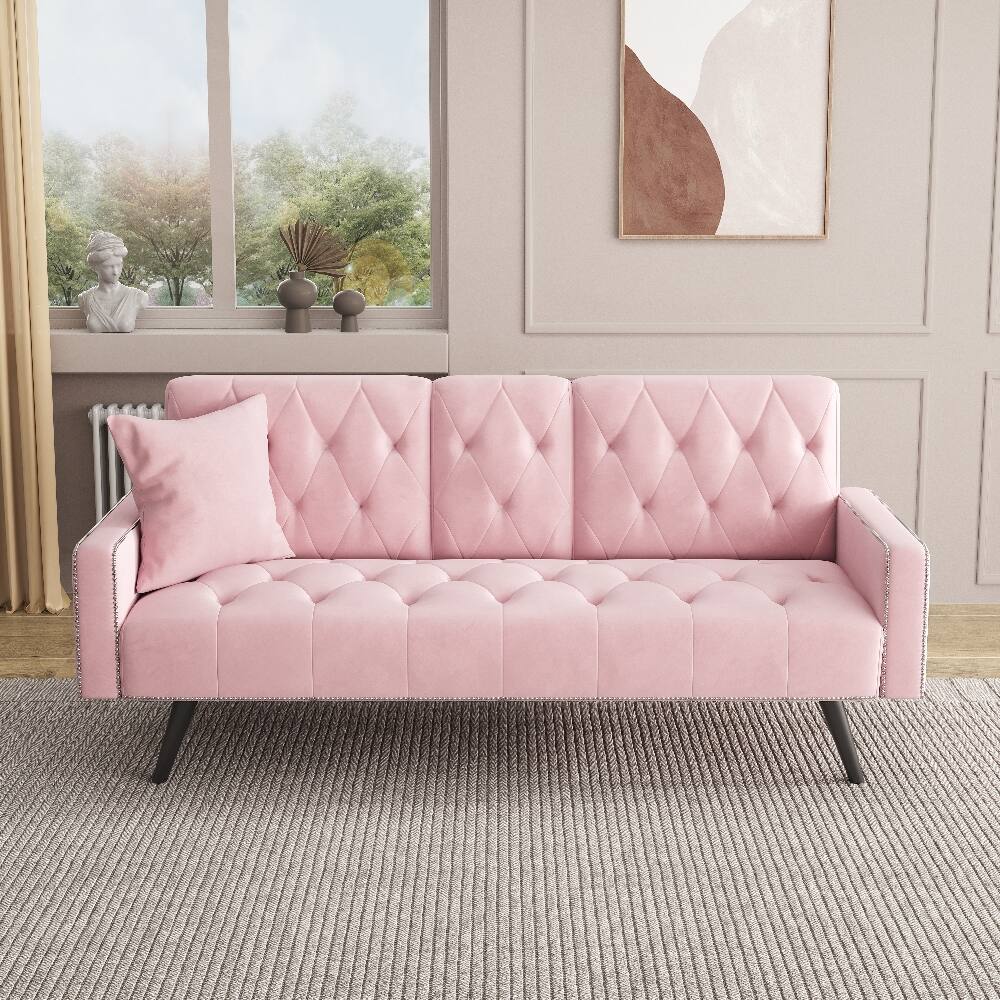 Alt View 2. Loheer - Loheer Pink Velvet Sofa Bed 72 Inch Convertible Sleeper Sofa with Cup Holders Tufted Futon for Small Spaces - Pink.
