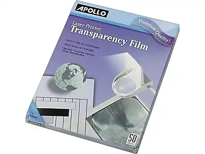 APOLLO
Laser Printer Transparency Film
Premium Quality!
- Fits with all laser printers
- Best for black and white images
- High quality coated for laser film
- Ideal for overhead projection
50 sheets