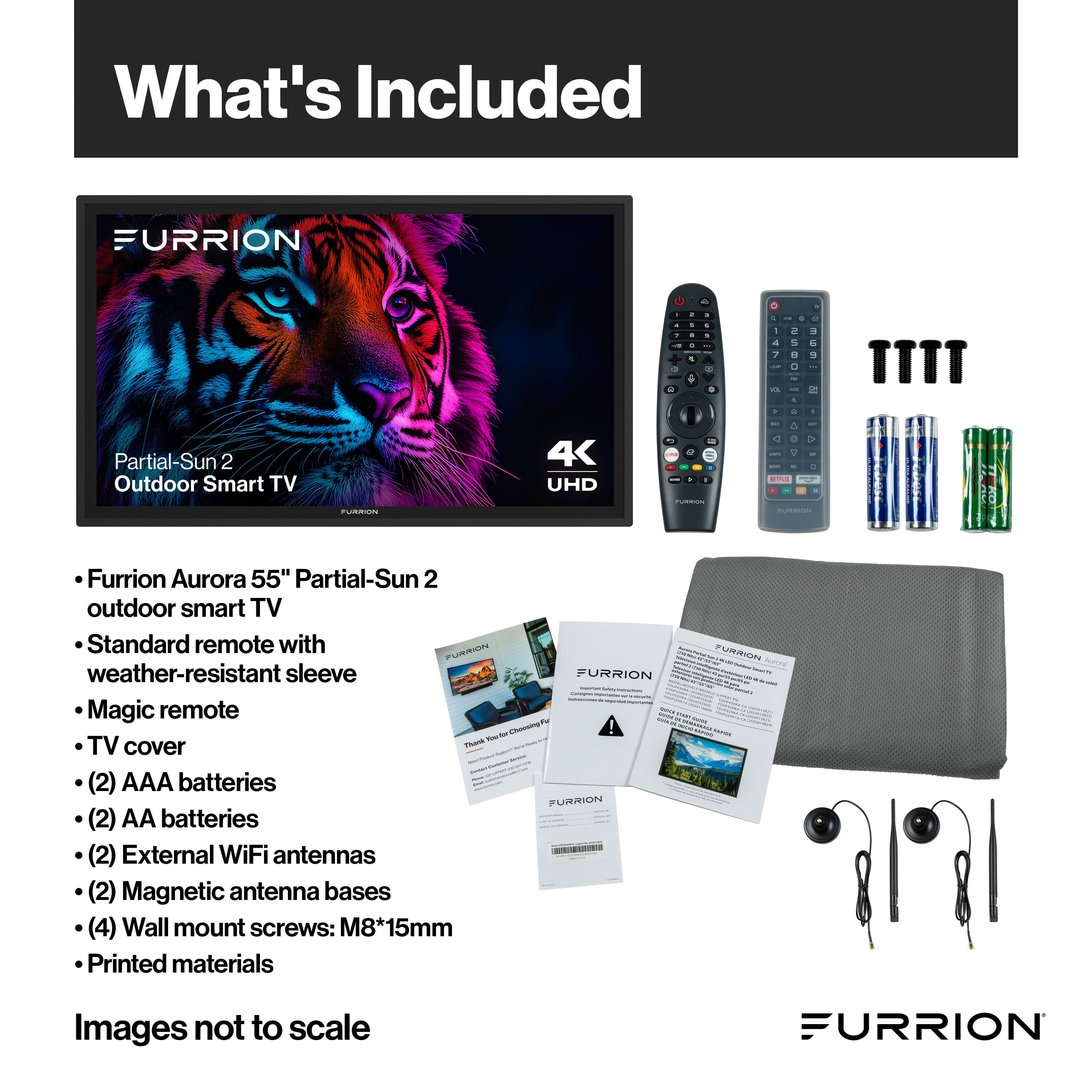 What's Included
FURRION
- Furrion Aurora 55" Partial-Sun 2 outdoor smart TV
- Standard remote with weather-resistant sleeve
- FURRION Magic remote
- TV cover
- (2) AAA batteries
- (2) AA batteries
- (2) External WiFi antennas
- (2) Magnetic antenna bases
- (4) Wall mount screws: M8*15mm
- Printed materials
Images not to scale