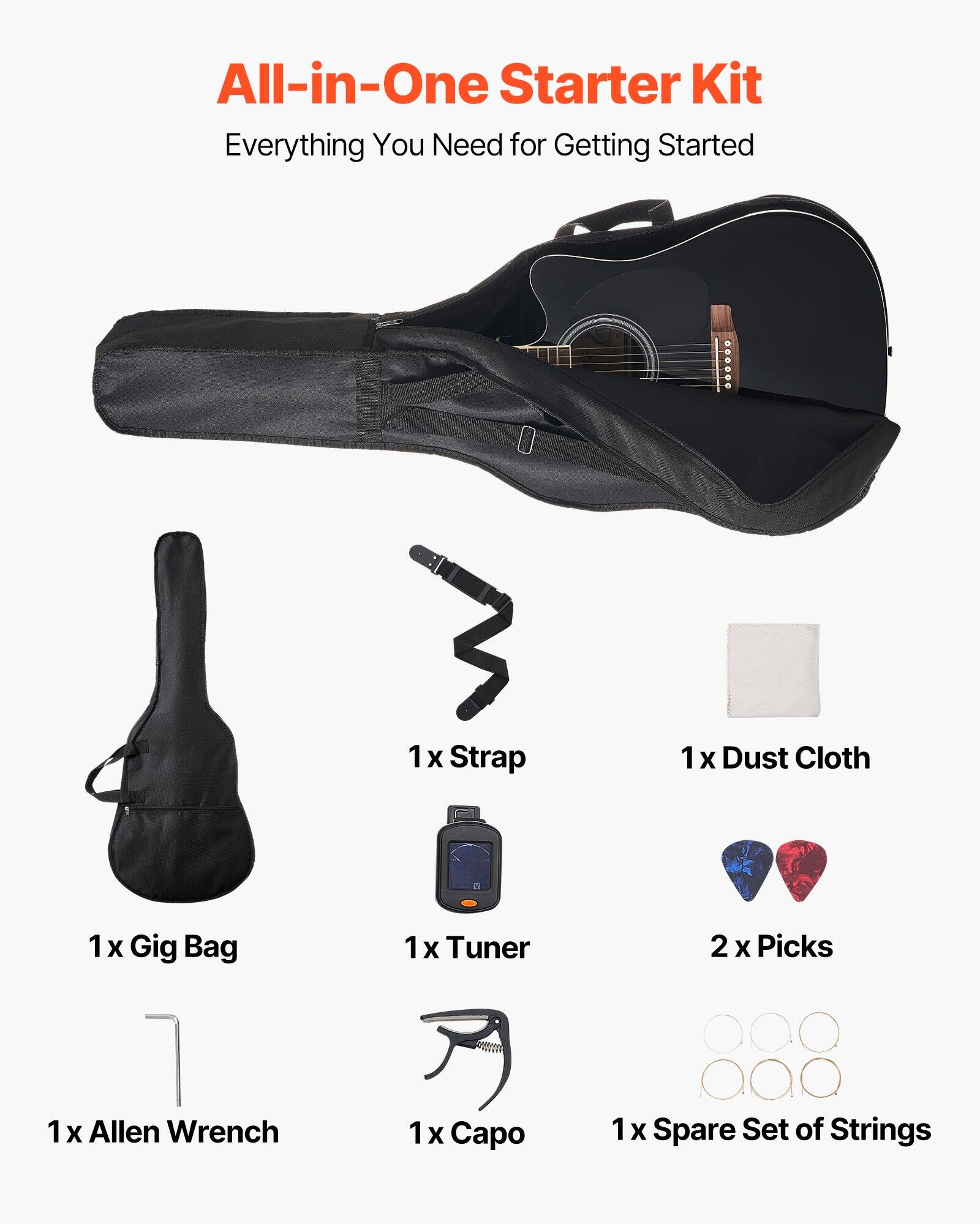 All-in-One Starter Kit  
Everything You Need for Getting Started  

1 x Strap  
1 x Dust Cloth  
1 x Gig Bag  
1 x Tuner  
2 x Picks  
1 x Allen Wrench  
1 x Capo  
1 x Spare Set of Strings