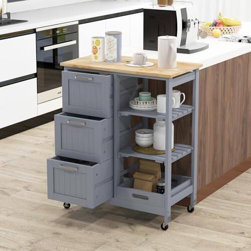 Alt View 1. Ecooso - Rolling Kitchen Island Cart with 3 Large Drawers and Utility Storage for Kitchen - Gray.