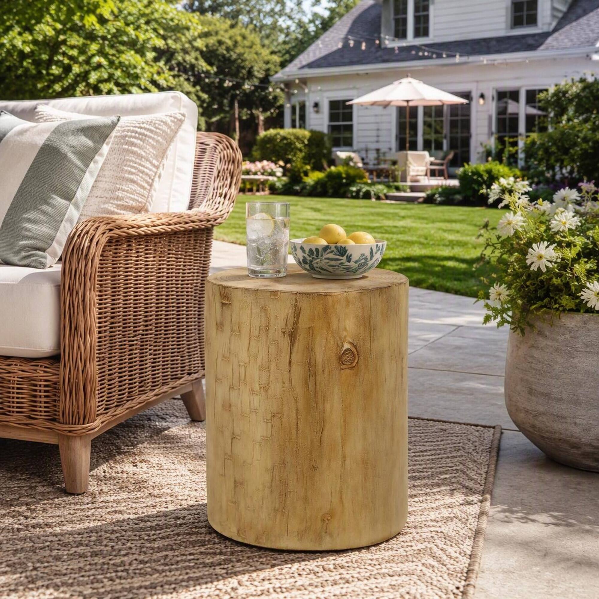 Back. RYHNUYNE - Outdoor 14.25" Accent Side Table, Hand‑Painted Faux Wood Stump End Table For Patio Backyard Decor - Light Brown.