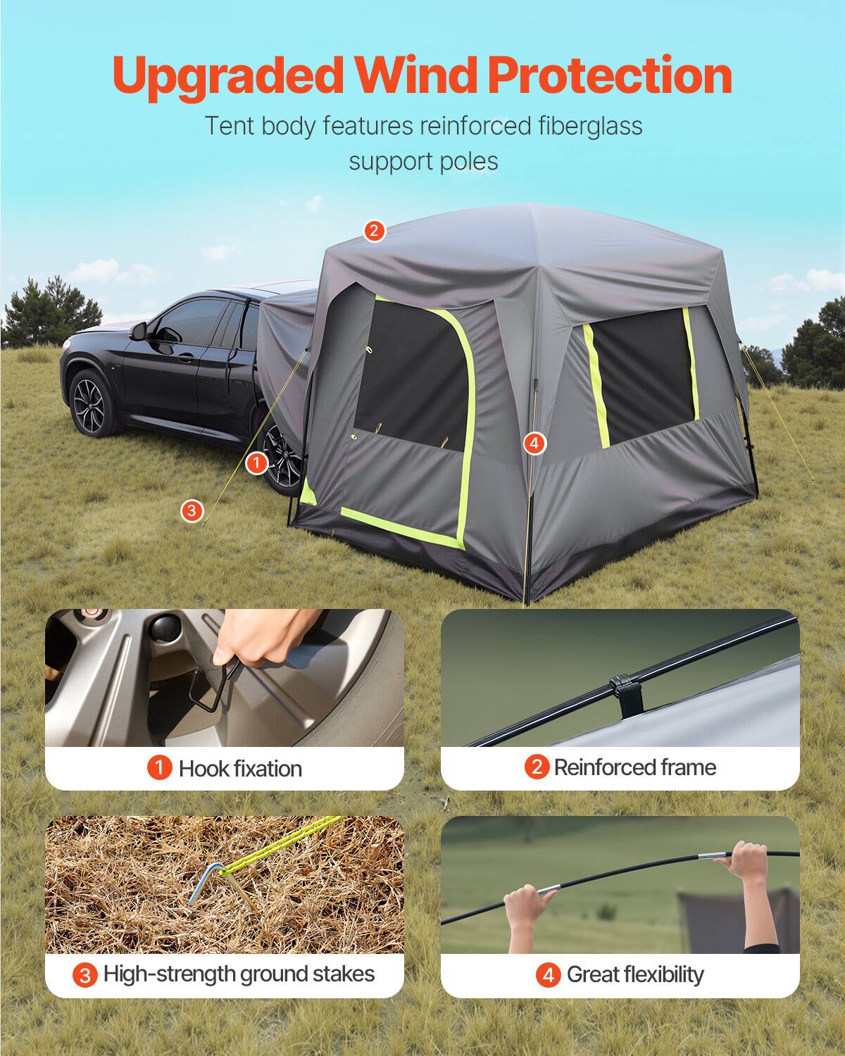 Upgraded Wind Protection
Tent body features reinforced fiberglass support poles
1 Hook fixation
2 Reinforced frame
3 High-strength ground stakes
4 Great flexibility