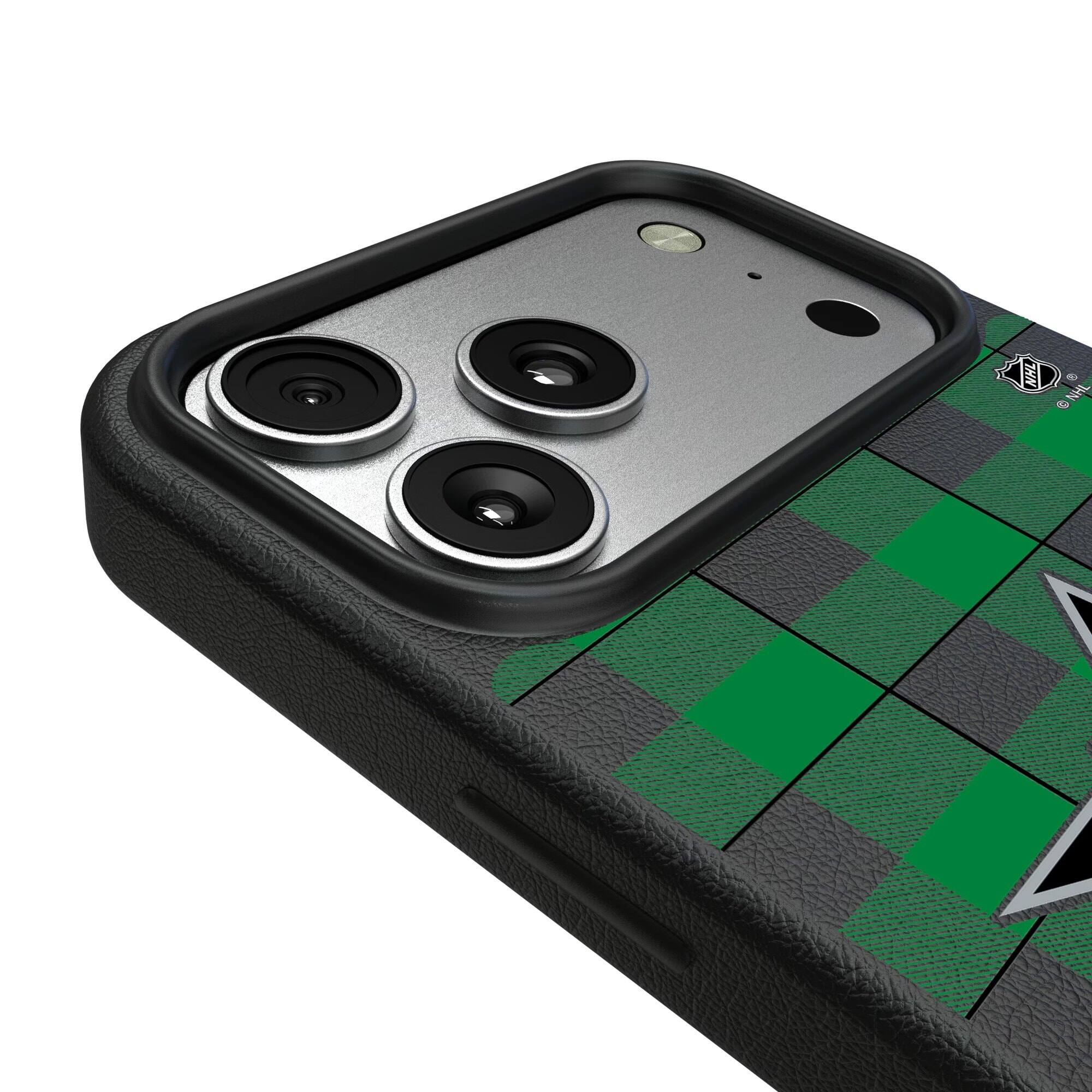 Alt View 2. Keyscaper - Dallas Stars Plaid iPhone Magnetic Bump Case - 15 Plus - Black.