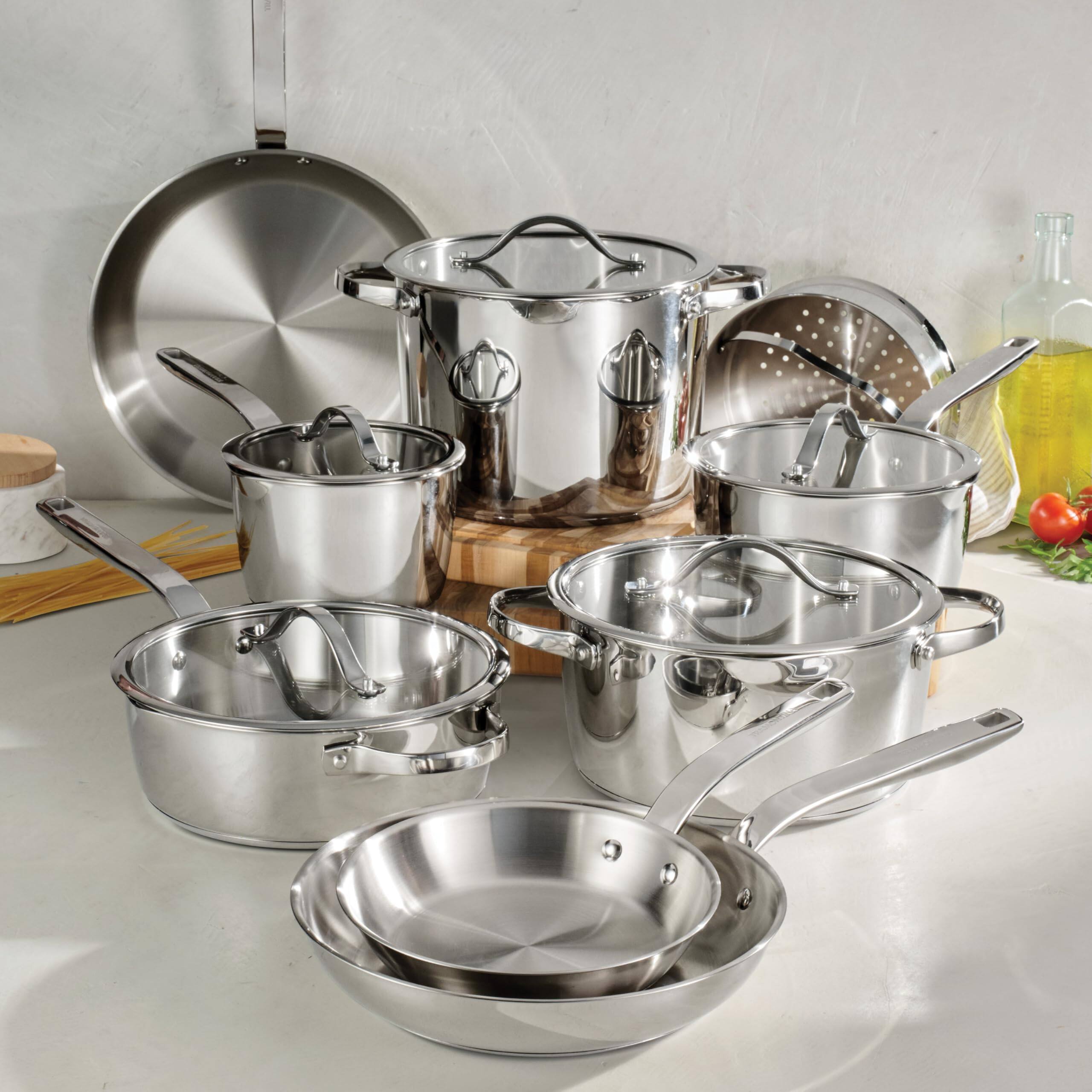 Angle. Tramontina - Tramontina Tempo Tri-Ply Base Stainless Steel 14-Piece Cookware Set with Glass Lids - Silver.