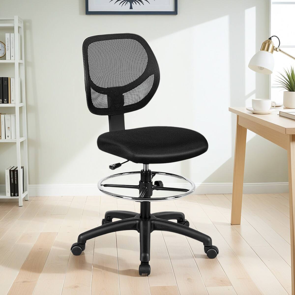 Alt View 1. Gymax - Gymax 2PCS Mesh Drafting Chair Mid Back Office Chair Adjustable Height w/Footrest Black - Black.